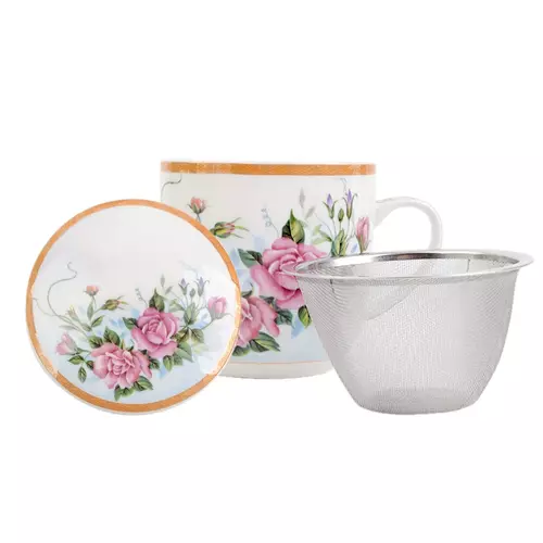 kubek do herbaty z sitkiem róża różowa HS-224 300ml 2