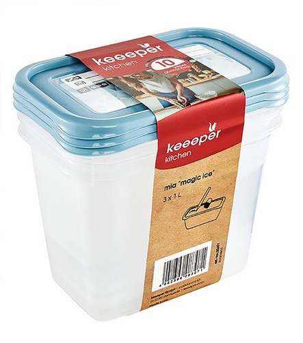 Keeep Zestaw 3x mia "magic ice" Pojemnik prostokątny na żywność z etykietą wielokrotnego zapisu 1L nordic blue 1